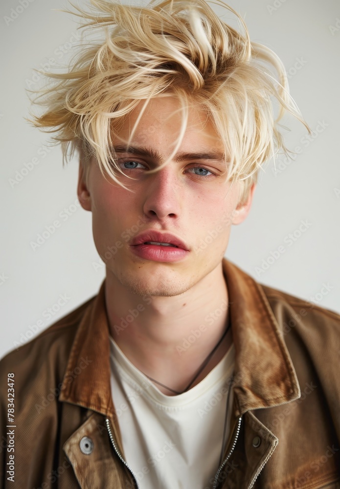 Portrait of a young man with tousled blonde hair and intense blue eyes Portrait of a young man with tousled blonde hair and intense blue eyes
