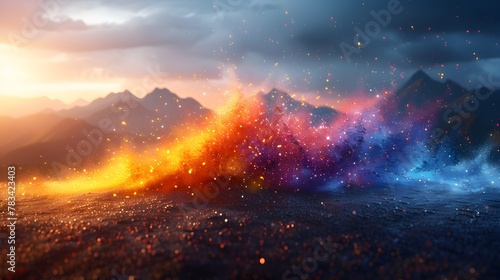 Cosmic Dust Over Mountains, Vibrant Sunset Colors in Scenic Landscape