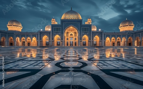 Illuminated mosque at twilight reflecting on glossy courtyard tiles