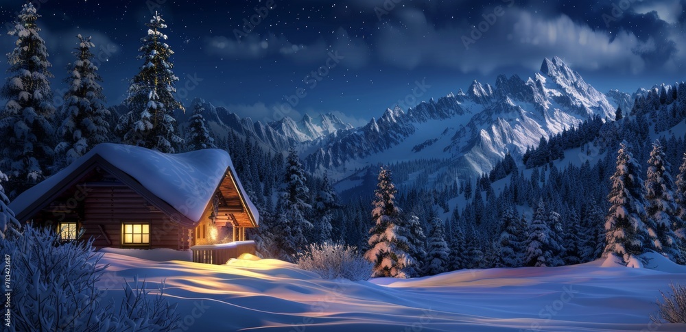 Cozy Winter Cabin in Snowy Mountain Landscape at Night