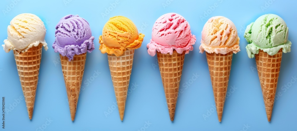 Variety of Ice Cream Cones Lined Up on Blue Background Variety of Ice Cream Cones Lined Up on Blue Background