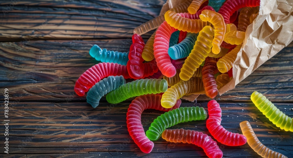 Colorful gummy worms spilling from a paper bag onto a wooden surface