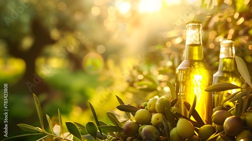 golden olive oil bottles with olives leaves and fruits setup in the middle of rural olive field with morning sunshine as wide banner with copyspace area