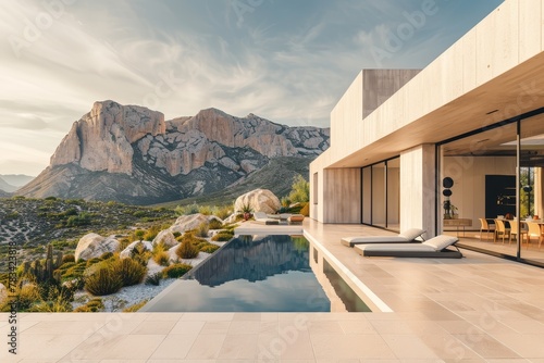 Modern luxury home with infinity pool overlooking scenic mountains © Erika