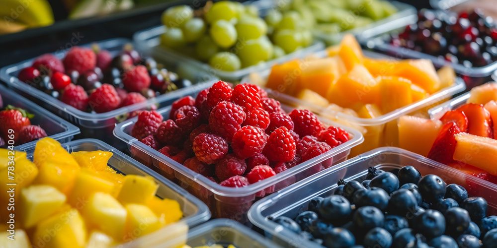 Assorted fruits in clear containers, showcasing a rainbow of healthy, ready to eat options. Assorted fruits in clear containers, showcasing a rainbow of healthy, ready to eat options.