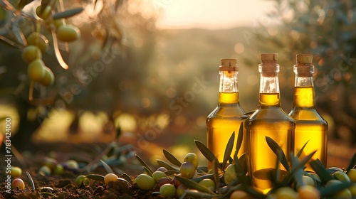 golden olive oil bottles with olives leaves and fruits setup in the middle of rural olive field with morning sunshine as wide banner with copyspace area photo