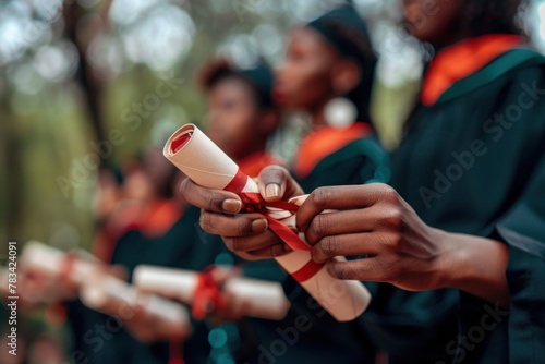 Graduates in black robes holding their diplomas with red ribbons, focus on hands and diplomas, blurred green background. photo
