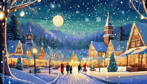 winter landscape background christmas night in city vector banner cute winter wonderland in the town people celebration in the park on new year banner design for merry christmas new year 2024 card