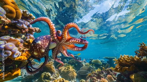 Vibrant Underwater World: Curious Octopus in Coral Reef