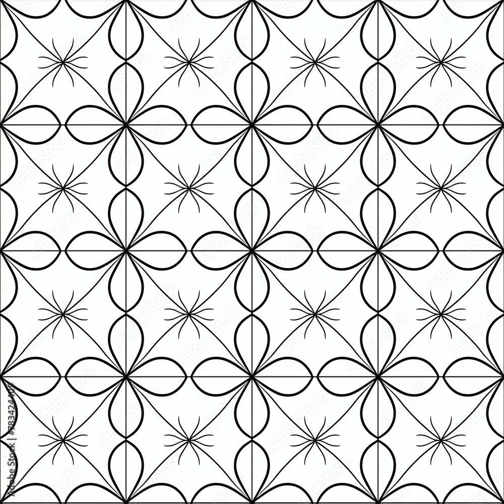 A tileable pattern featuring simplistic floral outlines, arranged in a regular, evenly spaced grid, exuding a fresh and clean aesthetic, black and white A tileable pattern featuring simplistic floral outlines, arranged in a regular, evenly spaced grid, exuding a fresh and clean aesthetic, black and white