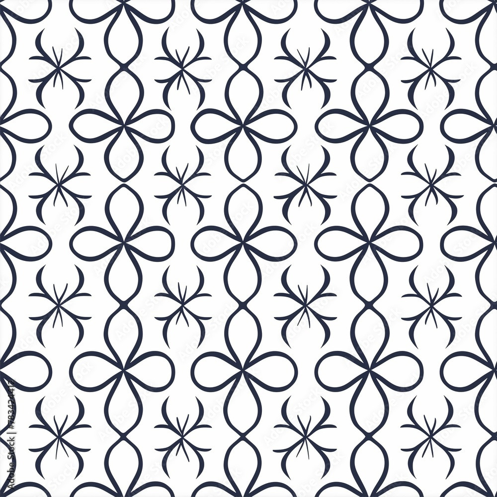 A tileable pattern featuring simplistic floral outlines, arranged in a regular, evenly spaced grid, exuding a fresh and clean aesthetic, black and white