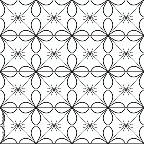A tileable pattern featuring simplistic floral outlines, arranged in a regular, evenly spaced grid, exuding a fresh and clean aesthetic, black and white © Meta