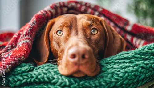 a hungarian vizsla reclines in a cozy nest of red and green blankets eyes full of gentle warmth dog at home photo