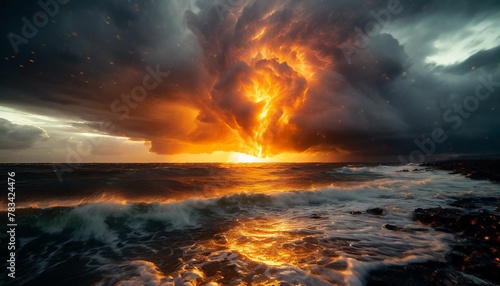 a breathtaking artwork capturing a stormy ocean with a massive fireball in the cloudy sky creating a stunning afterglow over the water and horizon