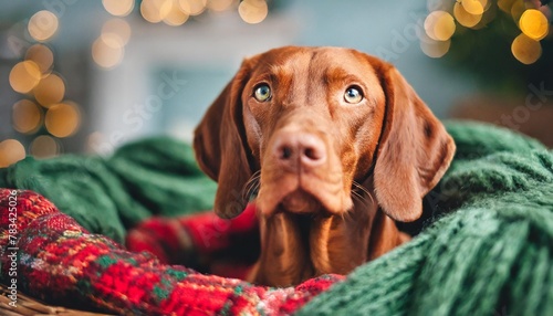 a hungarian vizsla reclines in a cozy nest of red and green blankets eyes full of gentle warmth dog at home photo