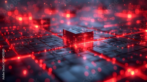 Fototapeta Naklejka Na Ścianę i Meble -  Futuristic Red Nodes and Cube Structure in Digital Cybersecurity Landscape