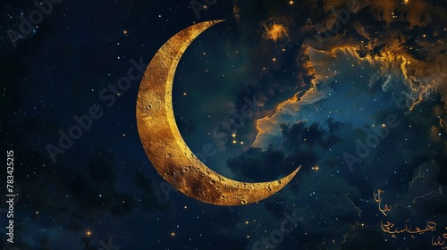 Golden Crescent Moon and Star Against Night Sky with Arabic Calligraphy photo