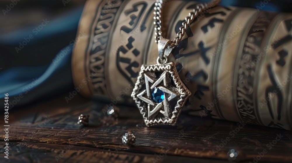 Silver Star of David Pendant with Blue Gem on Draped Torah Scroll Silver Star of David Pendant with Blue Gem on Draped Torah Scroll