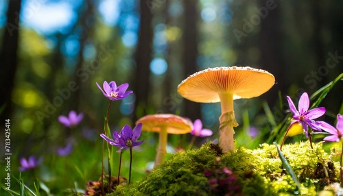lose yourself in the enchantment of a forest illuminated by glowing mushrooms and colorful blooms