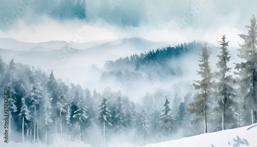 landscape of foggy forest winter hill wild nature frozen misty taiga watercolor background © Aedan
