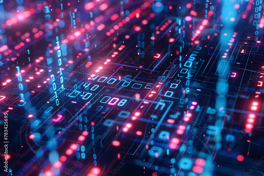 Futuristic digital binary code in red and blue on a tech background Futuristic digital binary code in red and blue on a tech background