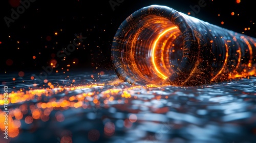 Futuristic Orange Glow Particles Swirl in Dark Sci-Fi Tunnel