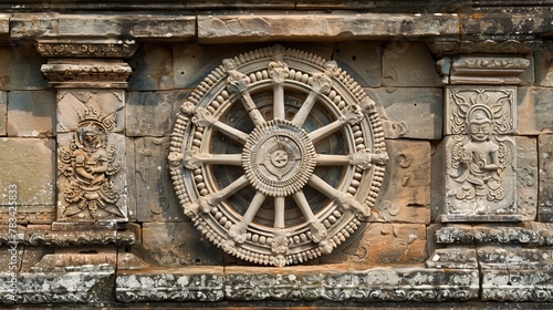 Eight-Spoked Dharma Wheel on Stone Temple Wall