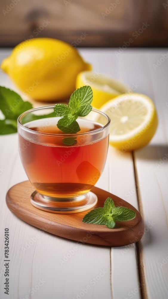 tea in a glass mug with mint and lemon on a wooden table. The concept of healthy eating, health, tea drinking ritual tea in a glass mug with mint and lemon on a wooden table. The concept of healthy eating, health, tea drinking ritual