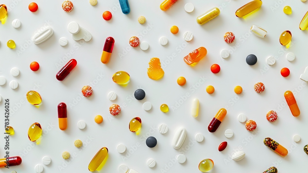 A flat lay composition showcasing various vitamin capsules and dietary supplements arranged neatly on a white background. This concept illustrates the idea of vitamin complexes and overall health