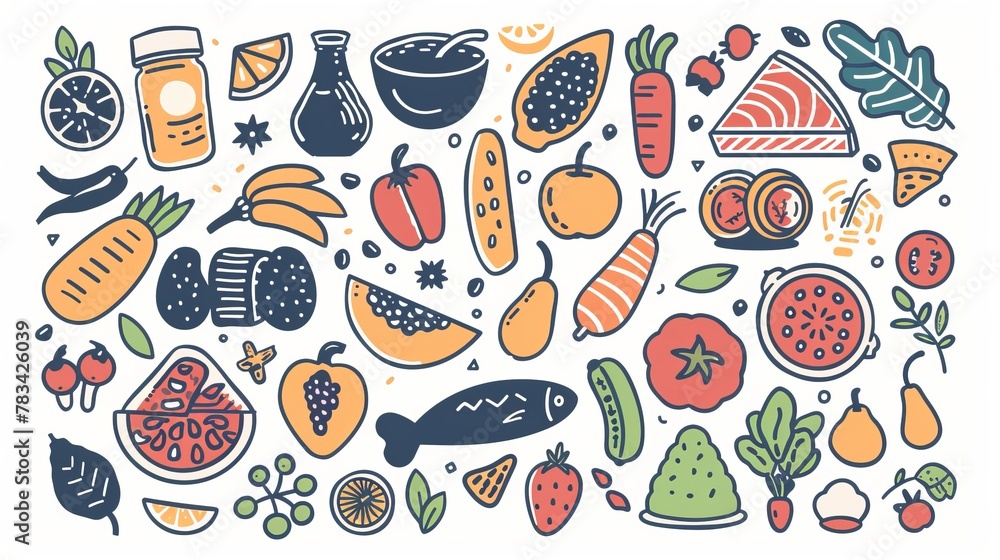 A set of linear vector illustrations depicting various food products isolated from one another. These illustrations cover a range of categories including fruits and vegetables, Mediterranean