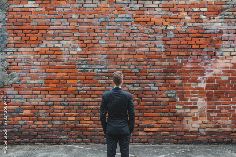 A businessman stands in front of a dead end with a brick wall. Business concept. Background