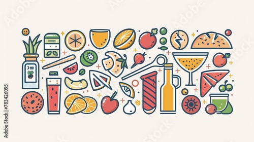 A set of linear vector illustrations depicting various food products isolated from one another. These illustrations cover a range of categories including fruits and vegetables, Mediterranean photo