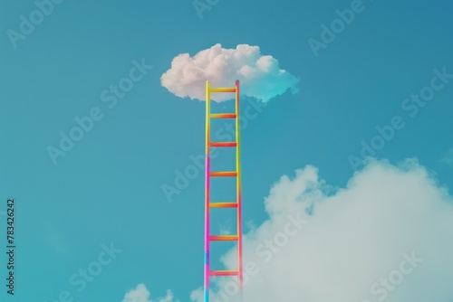 A colorful ladder extending to a cloud against a blue sky.