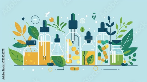 Flat vector illustration depicting pharmaceutical drug products derived from biological sources. Biopharmaceutical products, biopharmacology products, and other biological medical products photo