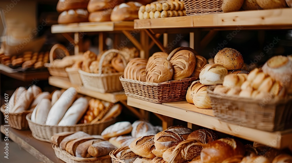 Fresh bread on bakery counter, Different types of delicious bread on baker shop shelves in baskets