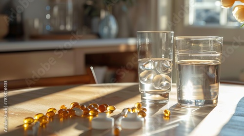 A simple composition featuring a table with a water glass and a selection of supplements placed neatly beside it. The practice of taking supplements with water, promoting health and welness