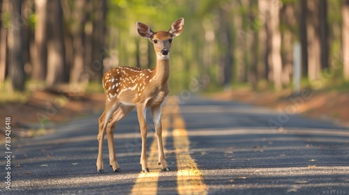 Little wild deer stands on road that cuts through forest. Road hazards, wildlife and transport 