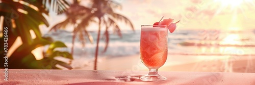 multi-colored berry-fruit cocktail with strawberries on the sand against the background of the sea and waves in summer on a sunny day in a pink tone. The concept of travel, relaxation, vacation