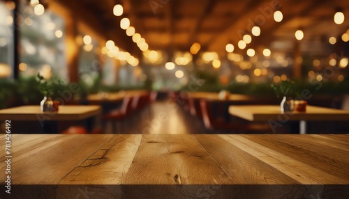 wood table top on blur restaurant cafe interior background