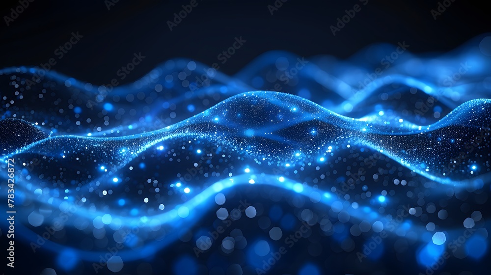 Abstract Blue Waves with Sparkling Particles Creating a Serene and Mystical Atmosphere Abstract Blue Waves with Sparkling Particles Creating a Serene and Mystical Atmosphere