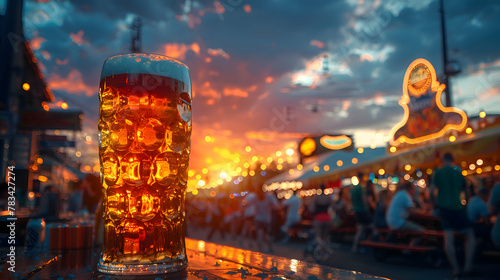 A low-angle view of the towering beer tents at Oktoberfest, framed by the glowing sunset, exuding a cozy atmosphere amidst the bustling crowds photo