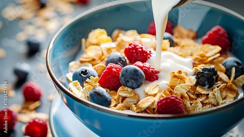 fresh milk or yogurt pouring over a bowl of cereal flakes and berries fruits cold naturiouse breakfast