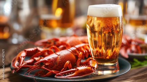 Boiled crayfish and glass of beer on table in restaurant photo