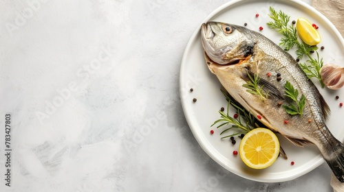 Fresh raw sea bream fish with lemon, rosemary and spices on white plate over white marble background. Top view, copy space