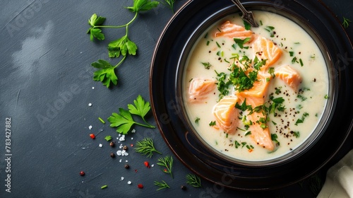 Creamy soup with salmon and parsley in bowl on dark background top view copy space. Salmon Lohikeitto Soup photo