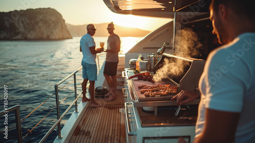 Friends having a barbecue party on the yacht's spacious deck, Happiness, love, health, respect photo