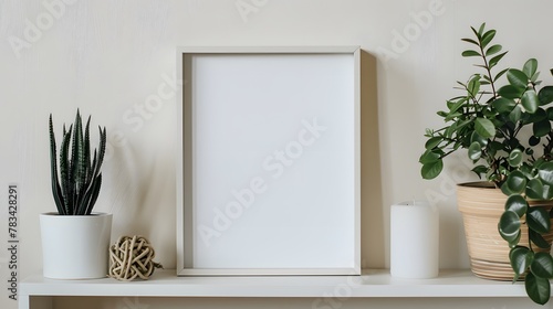 Closeup shot of desk  table or shelf with decorative plant and empty blank foursquare picture frame with white copy space for your photograph or advertising content. Photography  design and decoration