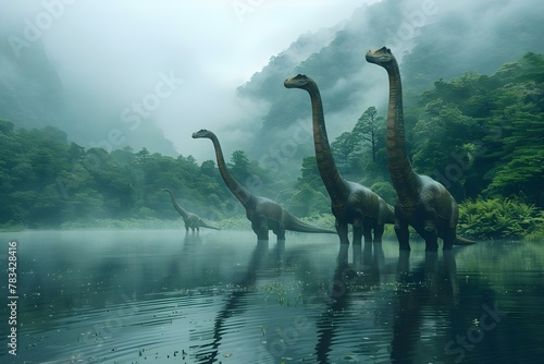 Misty River Crossing: Majestic Brachiosaurs in Serene Waters. Concept Dinosaur photoshoot, River scene, Majestic Brachiosaurus, Serene water, Misty atmosphere photo