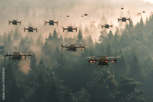 Fleet of drones flying in formation over misty forest at dawn.