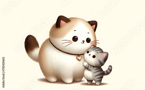 Illustration of a Fluffy Mother Cat with Her Striped Kitten. 
